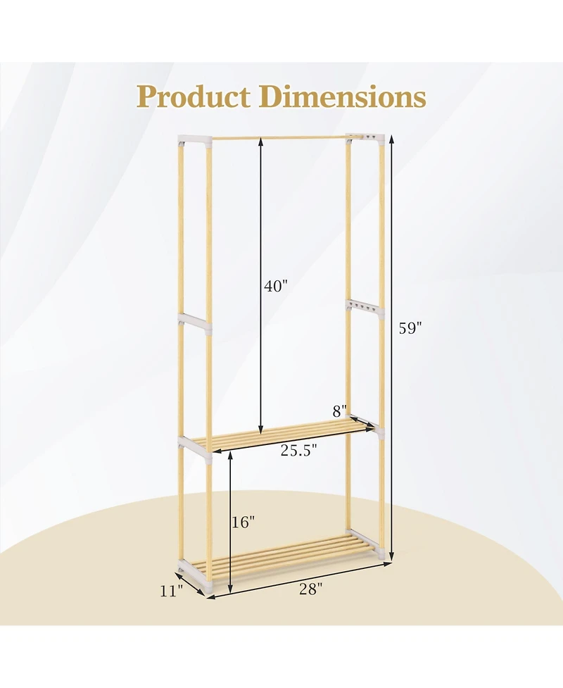 Slickblue Pine Wood Clothing Rack with Open 2 Tier Shelves and Hanging Bar for Bedroom Storage