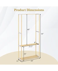 Slickblue Pine Wood Clothing Rack with Open 2 Tier Shelves and Hanging Bar for Bedroom Storage