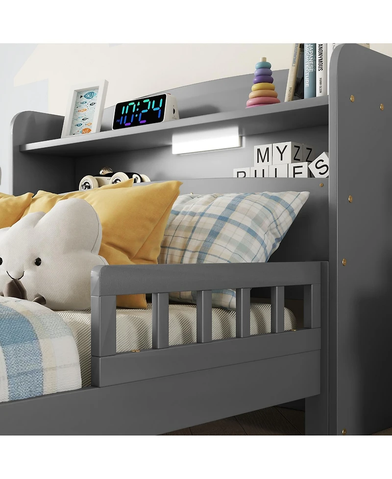 Sailvan Twin Pine Wood Bed with Bookcase Headboard ,Led Motion Sensor Light, Guardrails