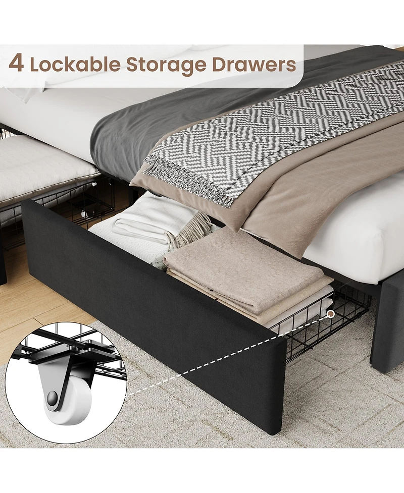 Velvetpholst Uered Platform Bed with 4 Drawers - Vertical Channel Tufted Headboard, Storage Frame, Wood, No Slats Spring, Modern Design Box