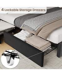 Velvetpholst Uered Platform Bed with 4 Drawers - Vertical Channel Tufted Headboard, Storage Frame, Wood, No Slats Spring, Modern Design Box