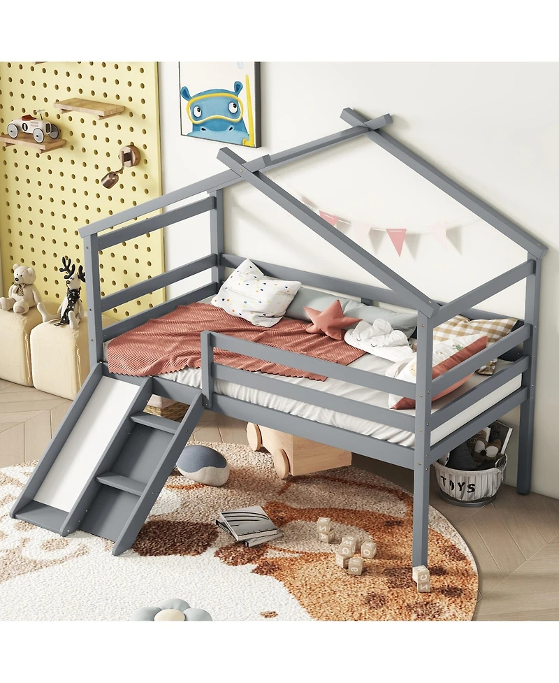 Sailvan Twin Low Loft House Bed with Slide, Ladder, Safety Guardrails, Roof Frame