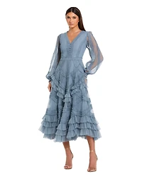 Mac Duggal Petite Long Sleeve V Neck Mesh Micro Ruffle Midi Dress