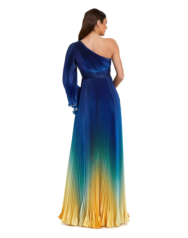 Mac Duggal Petite Pleated Charmeuse One-Shoulder Ombre Gown with Flared Sleeve