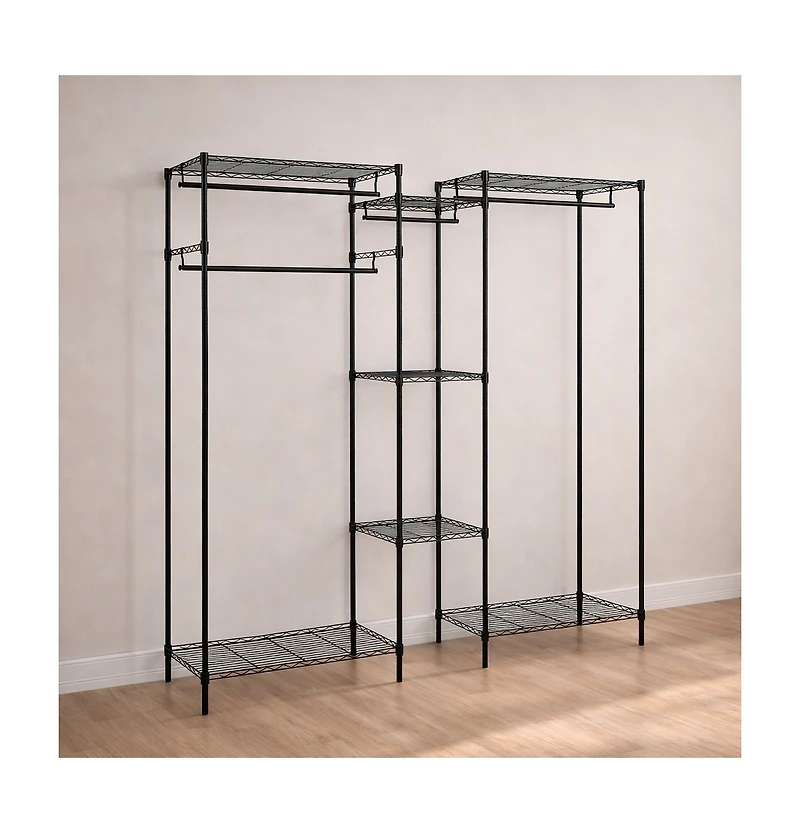 Gouun Convertible L-Shape and Horizontal Clothes Organizer with 7 Shelves and 4 Hanging Rods
