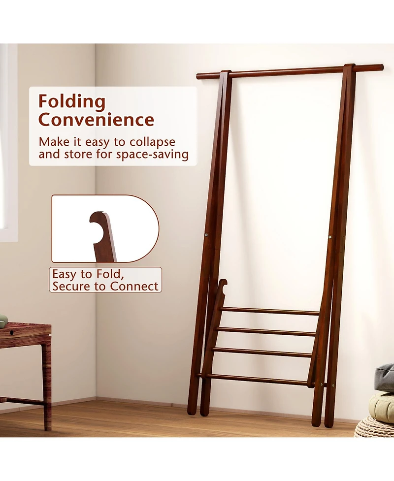 Gouun Folding Rubber Wood Garment Rack with Bottom Storage Shelf