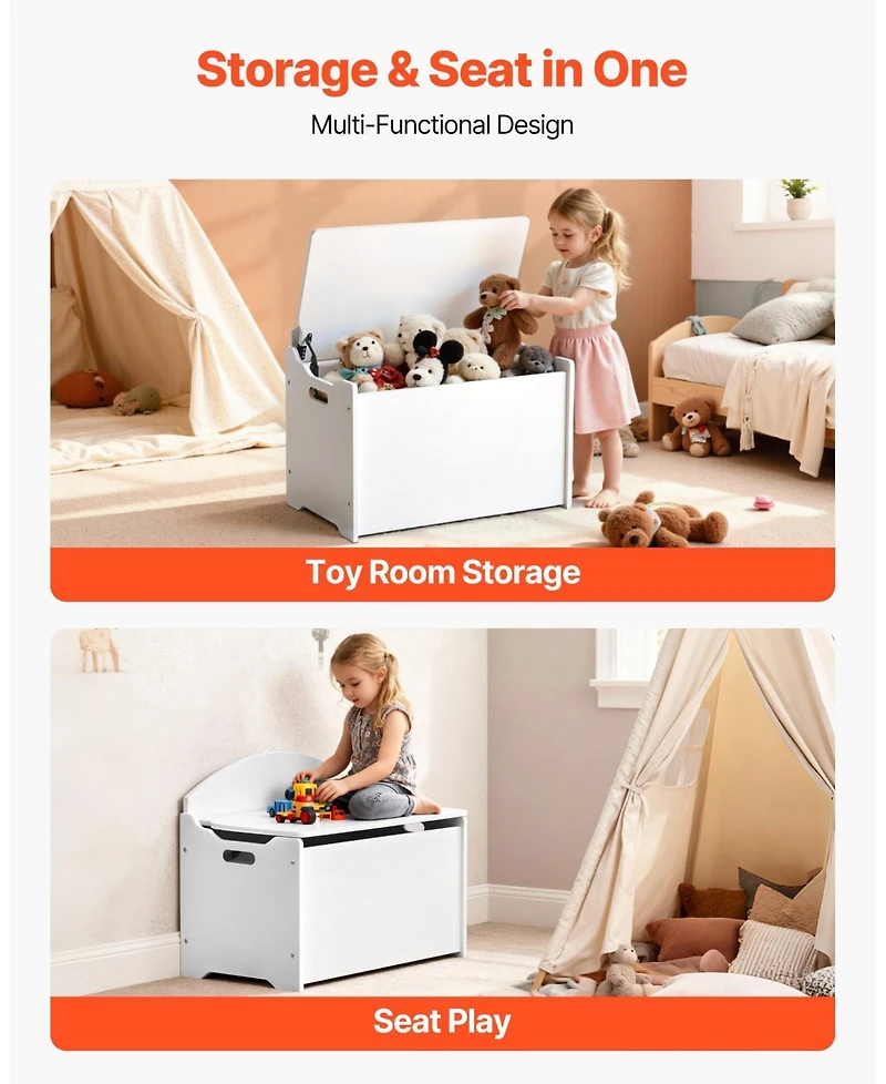 Sugift Kids Storage Bench, Wooden Toy Box with Backrest, Safety Hinge