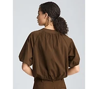 Kenneth Cole Women's Shirred Crewneck Cropped Bubble Blouse