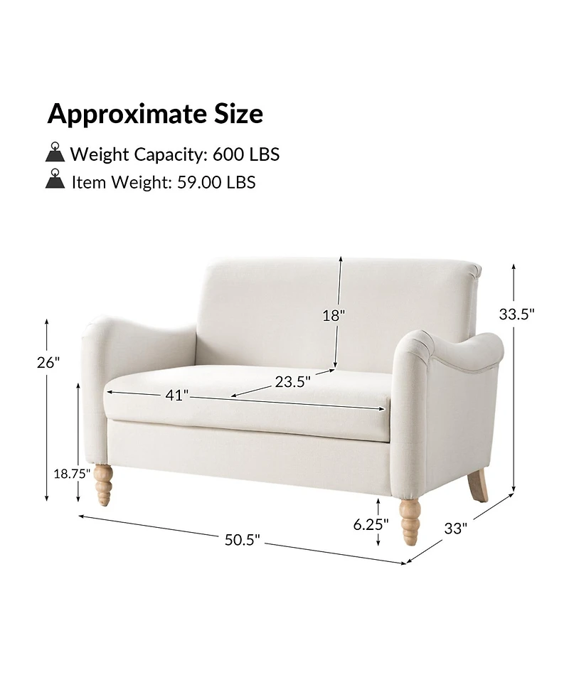Hulala Home Terren 50.5"W Farmhouse Linen Upholstery Loveseat With Solid Wood Spindle Legs