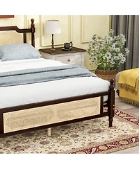 Sailvan Queen Pine wooden Bed with Rattan Headboard and Footboard, Central Enhanced Bed Platform