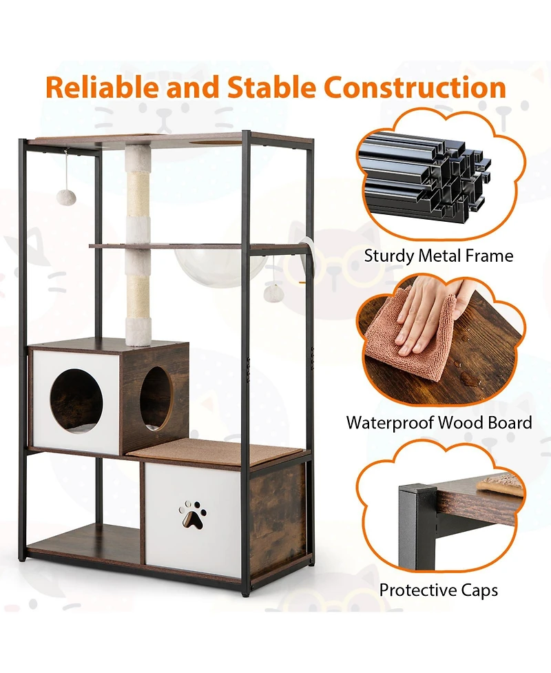Cozito Cat Tree 52 Inch Wooden Metal Frame with Two Condos