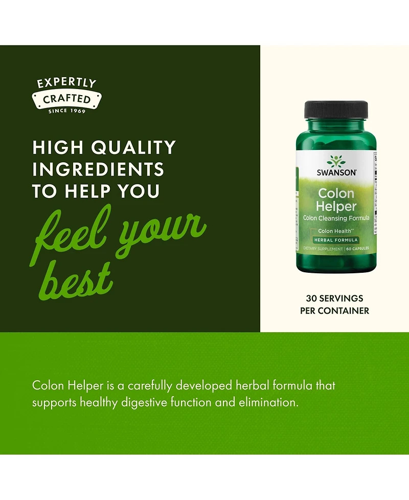 Swanson Colon Helper Digestive Health, Vervain, Goldenseal Root and Slippery Elm Bark, Healthy Eliminations, 60 Capsules, 1 Pack