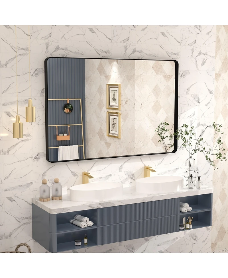 Apmir 48" x 32" High-Strength Tempered Glass and Aluminum Alloy Framed Wall Decor Bathroom Vanity Mirror