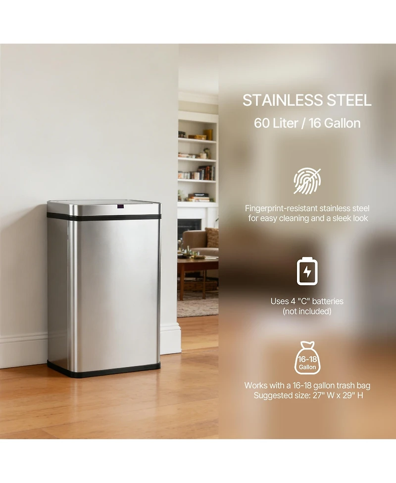 Mega Casa 16 Gallon Stainless Steel Rectangular Motion Sensor Trash Can with Silent Close Lid and Stay-Open Feature