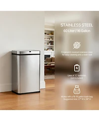 Mega Casa 16 Gallon Stainless Steel Rectangular Motion Sensor Trash Can with Silent Close Lid and Stay-Open Feature