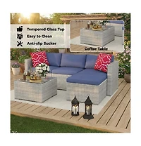 GarveeLife 5 Piece Outdoor Convertible Sectional Set with Ottoman and Tempered Glass Table, Pe Rattan Conversation Seating