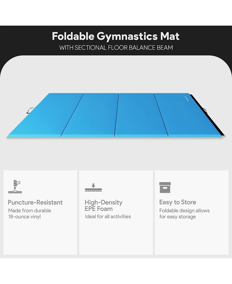 BalanceFrom Fitness All-Purpose Folding Anti Tear 4 Panel Fitness Mat w/ Sectional Floor Balance Beam for Aerobics & Gymnastics, Blue