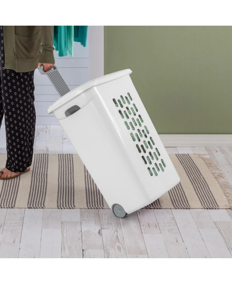 Sterilite White Laundry Hamper With Lift-Top, Wheels, And Pull Handle, 6 Pack
