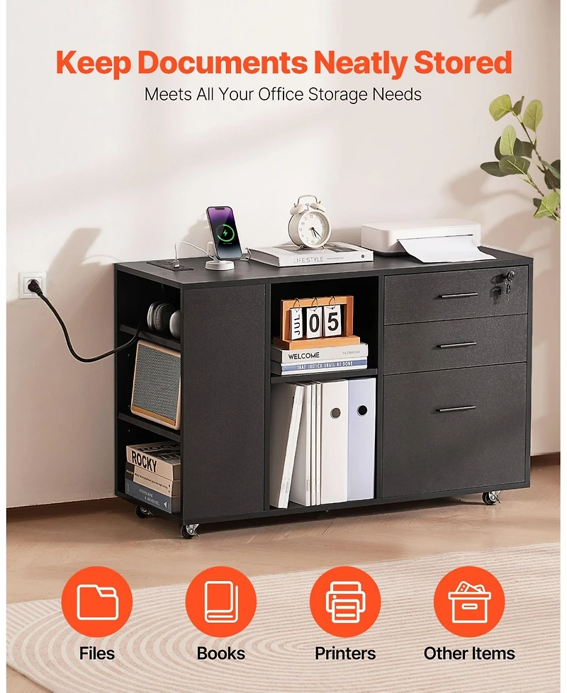 Gouun 3 Drawer Wooden File Cabinet, Mobile Filing Cabinet with Power Strip, Lockable Rolling File Storage with Adjustable Shelves