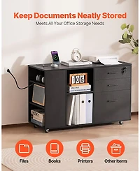 Gouun 3 Drawer Wooden File Cabinet, Mobile Filing Cabinet with Power Strip, Lockable Rolling File Storage with Adjustable Shelves