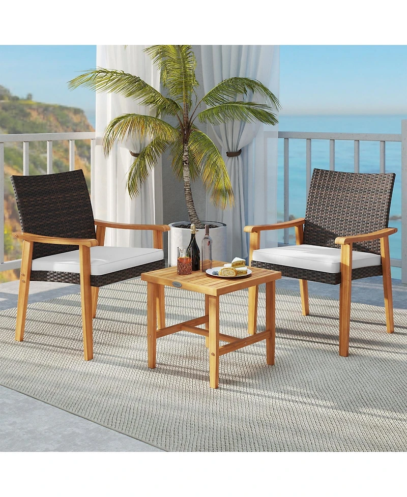 Gouun 3-Piece Patio Wicker Conversation Set with Acacia Wood Side Table