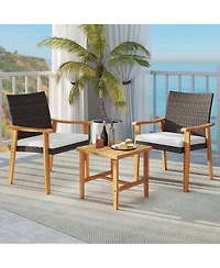 Gouun 3-Piece Patio Wicker Conversation Set with Acacia Wood Side Table