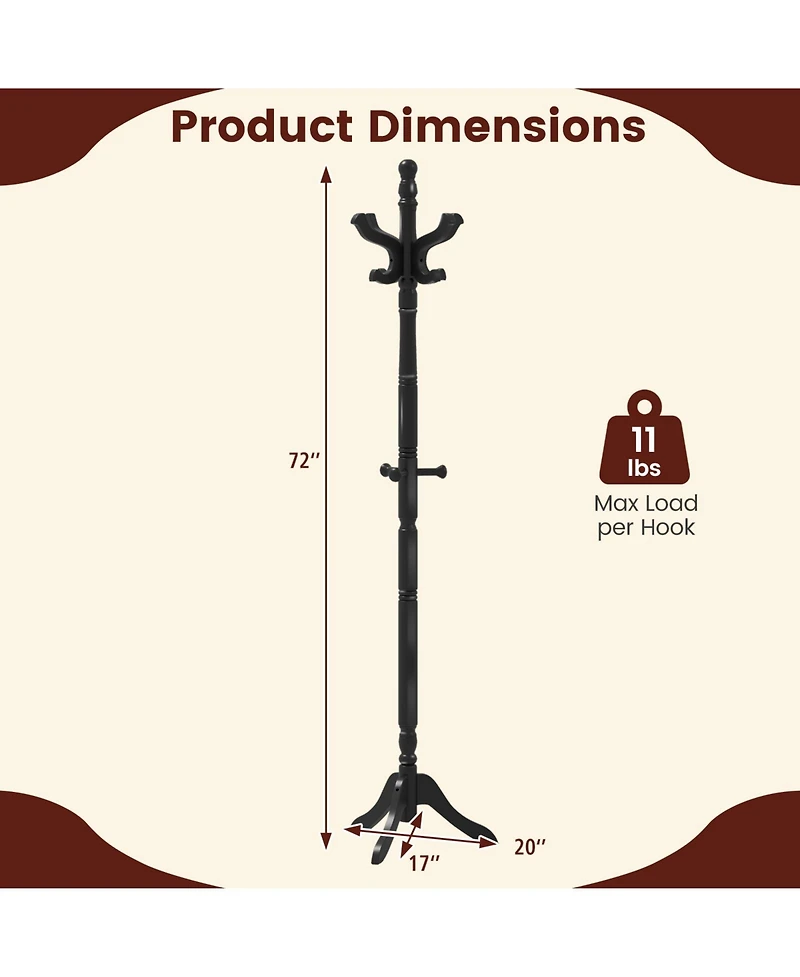 Gouun Solid Wood Hall Tree with 11 Hooks and 3 Height Options
