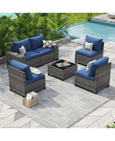 Aoxun 6-Piece Wicker Outdoor Sectional Sofa Set with Cushions and Glass-Top Coffee Table
