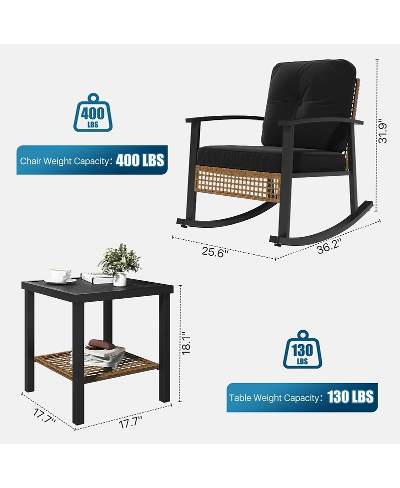 Aoxun Indoor Outdoor Rocking Chair 3 Piece Set Metal Frame Patio Furniture with Wicker Accent and Side Table.