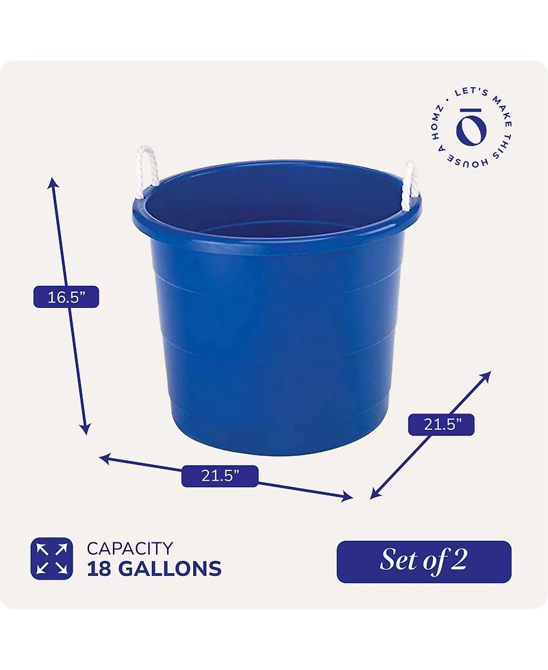 Homz 18 Gal Plastic Open Storage Round Utility Tub with Handles, Blue (2 Pack)