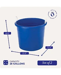 Homz 18 Gal Plastic Open Storage Round Utility Tub with Handles, Blue (2 Pack)