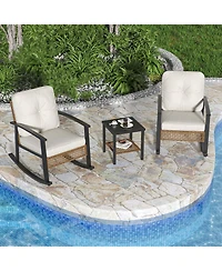 Aoxun Indoor Outdoor Rocking Chair 3 Piece Set Metal Frame Patio Furniture with Wicker Accent and Side Table