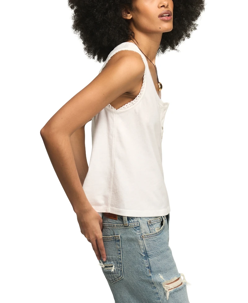 Lucky Brand Women's Sleeveless Crochet Trim Henley Tank Top