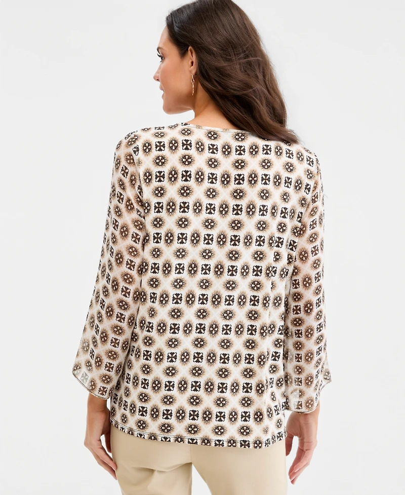 Jm Collection Women's Printed Chiffon-Sleeve Gathered-Neck Top, Macy's Exclusive
