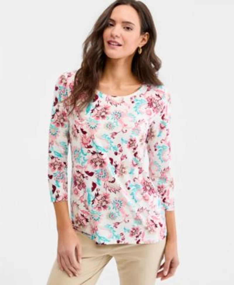 Jm Collection Womens Printed 3 4 Sleeve Scoop Neck Jacquard Top Macys Exclusive