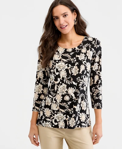 Jm Collection Women's Printed 3/4 Sleeve Scoop-Neck Jacquard Top, Macy's Exclusive