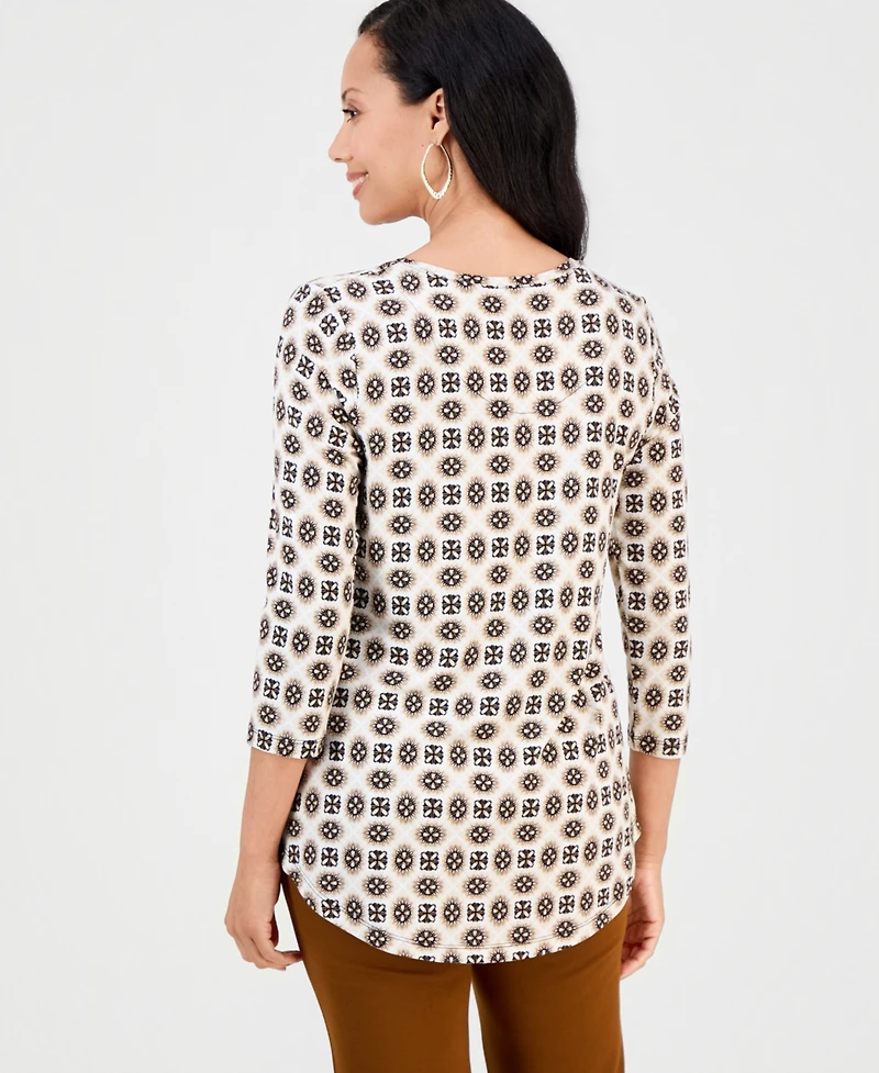 Jm Collection Women's Printed Scoop-Neck 3/4-Sleeve Top, Macy's Exclusive