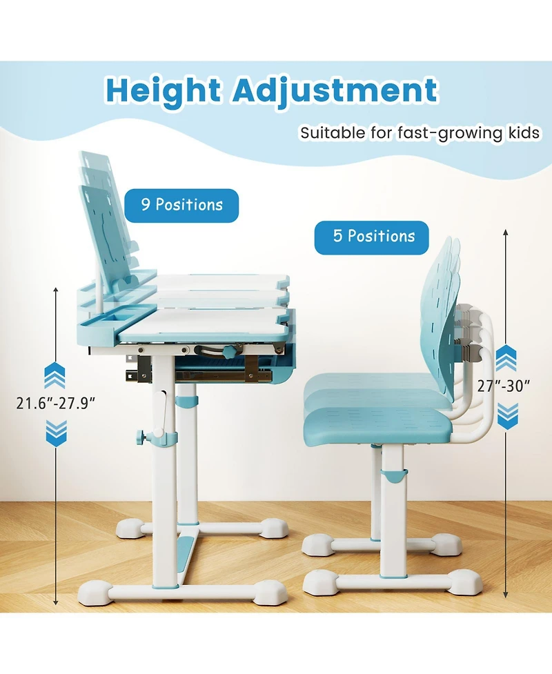 Gouun Kids Height-Adjustable Study Desk and Chair with Tilt Desktop and Book Stand