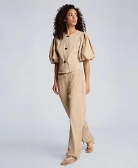 Kenneth Cole Womens Button Front Bubble Sleeve Top Pull On Wide Leg Bungee Hem Pants