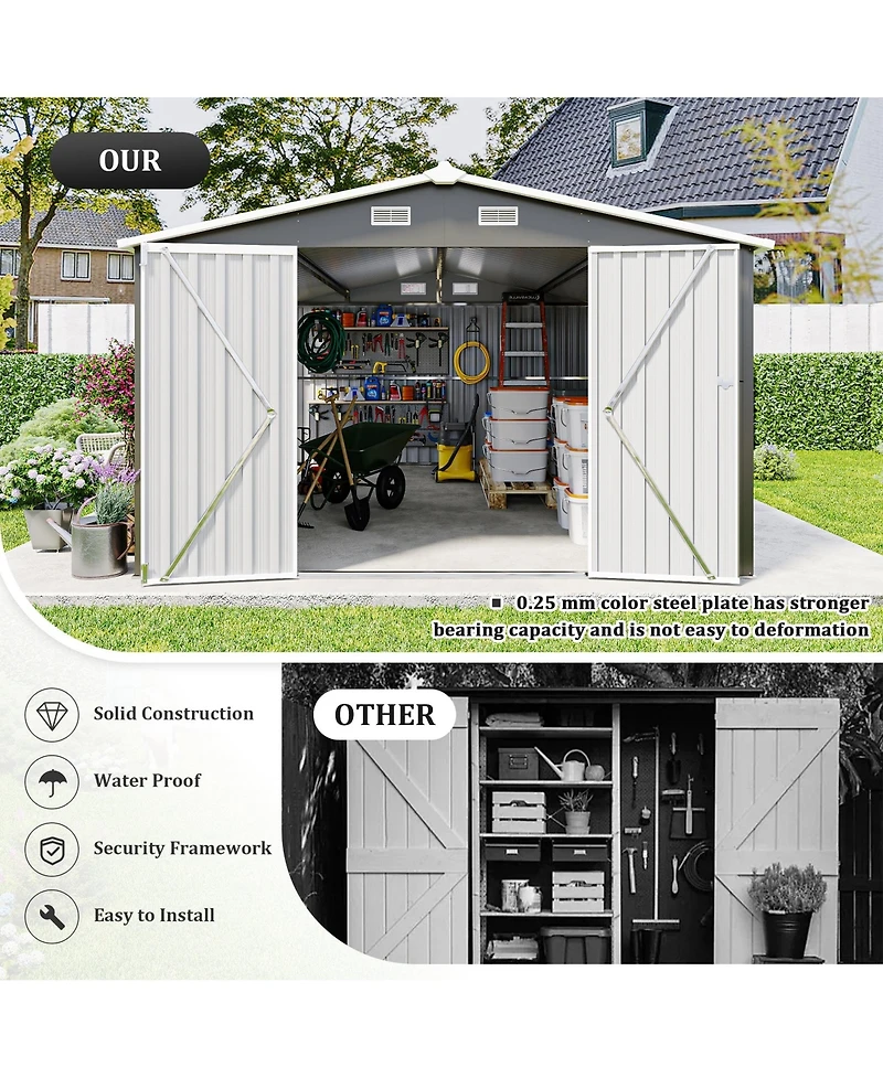 Mondawe Outdoor Metal Storage Shed with 3 Lockable Doors Vents Sloped Roof
