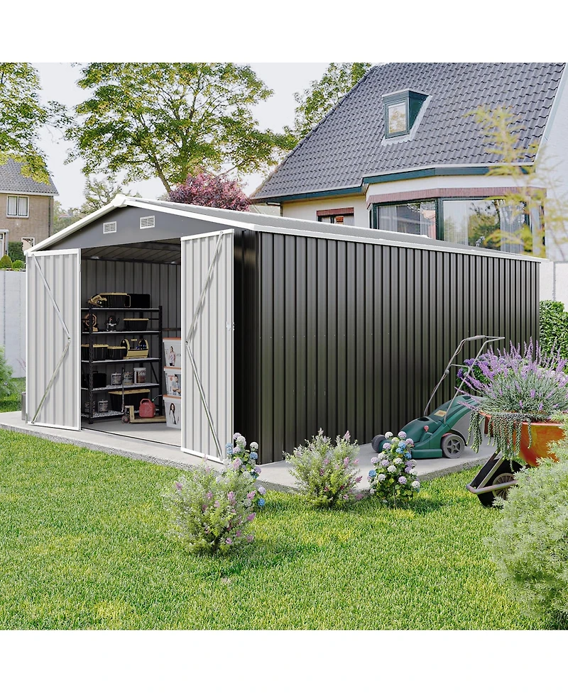 Mondawe Outdoor Metal Storage Shed with 3 Lockable Doors Vents Sloped Roof