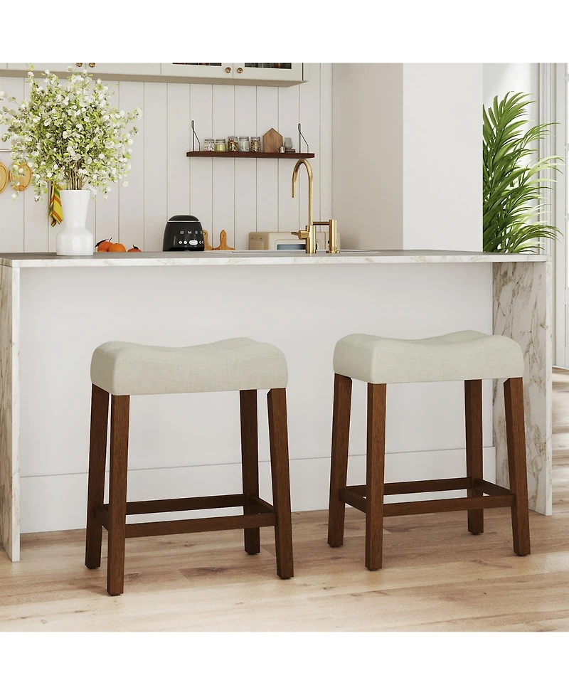Gymax 24'' Saddle Bar Stools Set of 2 with Footrest Rubber Wood Frame for Kitchen Island