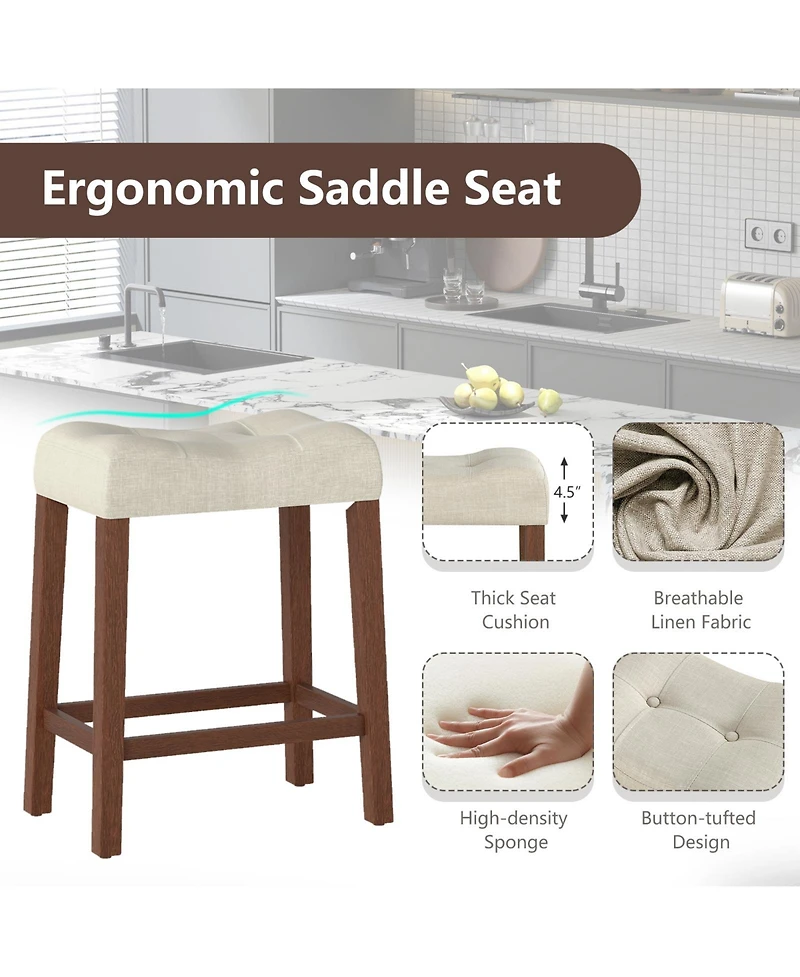 Gymax 24'' Saddle Bar Stools Set of 2 with Footrest Rubber Wood Frame for Kitchen Island