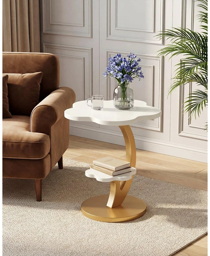 Tribesigns End Table Set of 2, 2-Tier Sofa Side Table, Flower Nightstand with C-Shaped Gold Frame, Modern Luxury Accent Table