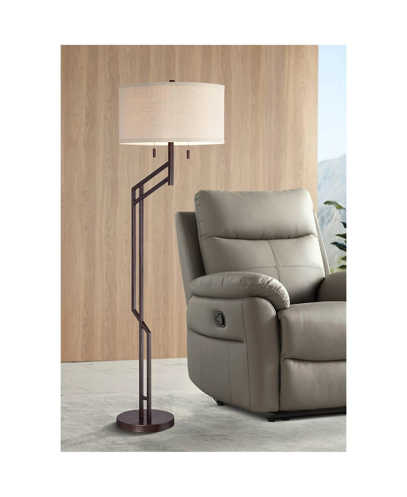 Possini Euro Design Modern Industrial Floor Lamp 61.75" Tall Angular Burlap Drum Shade for Living Room Reading Bedroom Office