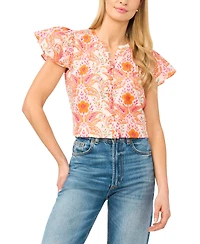 CeCe Women's Flutter-Sleeve Printed Blouse