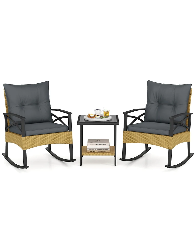 Slickblue 3 Piece Outdoor Rattan Rocking Chair Set with Side Table