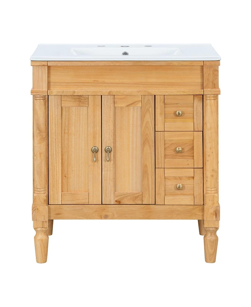 Sillysis 30 Inch Bathroom Vanity with Ceramic Sink, Solid Wood Free-Standing Cabinet, Soft Close Storage, Adjustable Shelf