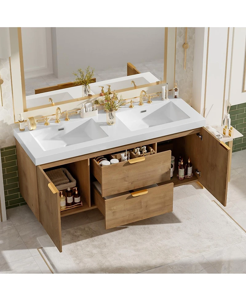Sillysis 59 Inch Double Sink Bathroom Vanity, Wall Mounted Cabinet with Smc Countertop, Soft Close Drawers for Large Bathrooms