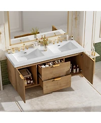 Sillysis 59 Inch Double Sink Bathroom Vanity, Wall Mounted Cabinet with Smc Countertop, Soft Close Drawers for Large Bathrooms